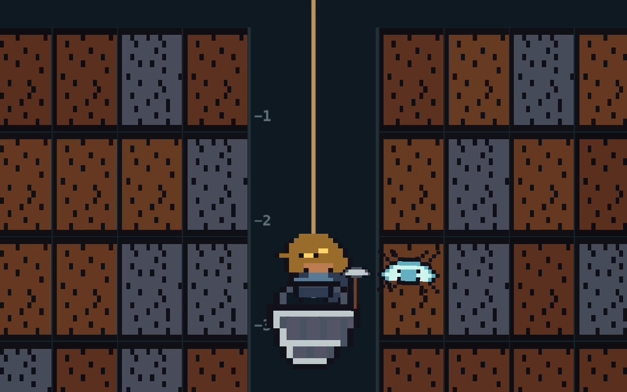 Pixel-art miner descends between mine walls as a creature approaches